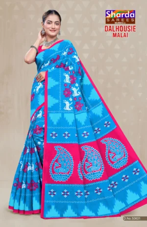 Dalhousie Malai Designer Sky Blue & Rani Pink Saree with Ikat Inspired Ethnic Design
