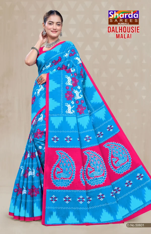 Dalhousie Malai Designer Sky Blue & Rani Pink Saree with Ikat Inspired Ethnic Design