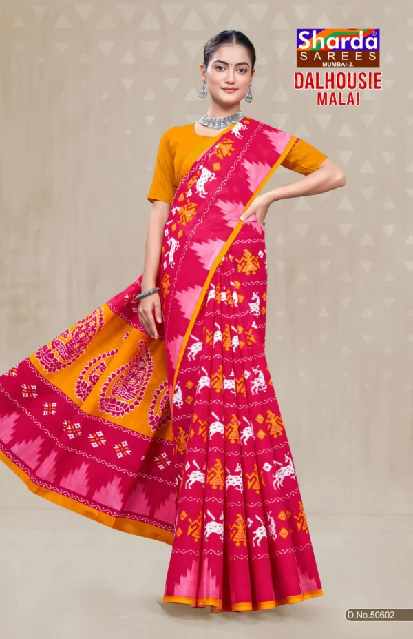 Dalhousie Malai Designer Rani Pink & Mustard Yellow Saree with Ikat Inspired Ethnic Design