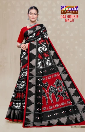 Dalhousie Malai Designer Black & Red Saree with Traditional Ethnic Ikat Inspired Design