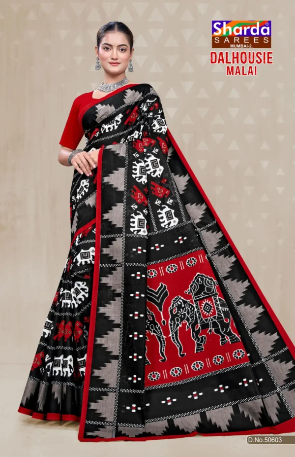 Dalhousie Malai Designer Black & Red Saree with Traditional Ethnic Ikat Inspired Design