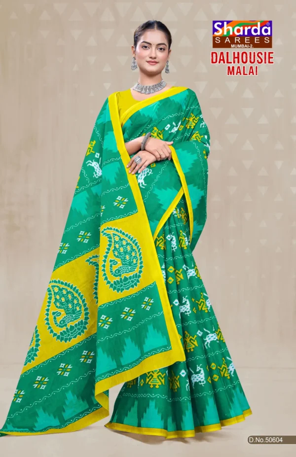 Dalhousie Malai Designer Sea Green & Yellow Saree with Traditional Ikat Inspired Ethnic Motifs