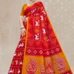 Dalhousie Malai Designer Red & Mustard Yellow Saree with Traditional Ikat Inspired Motifs and Paisley Pallu