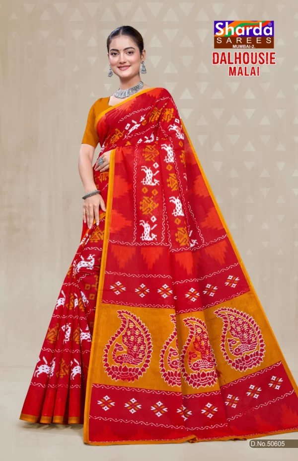 Dalhousie Malai Designer Red & Mustard Yellow Saree with Traditional Ikat Inspired Motifs and Paisley Pallu
