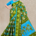 Dalhousie Malai Designer Olive Green & Sky Blue Saree with Traditional Ikat Motifs and Elephant Artwork Pallu