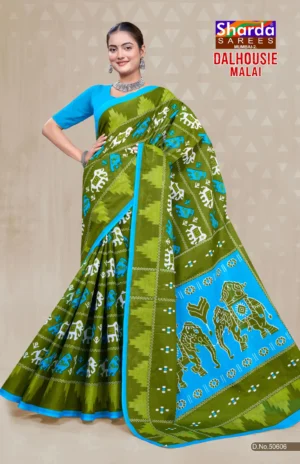 Dalhousie Malai Designer Olive Green & Sky Blue Saree with Traditional Ikat Motifs and Elephant Artwork Pallu
