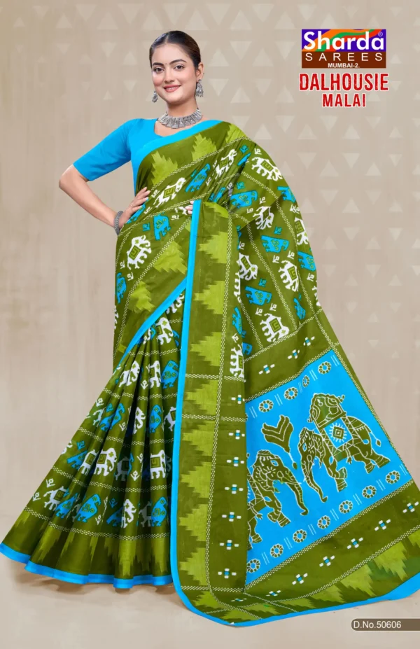 Dalhousie Malai Designer Olive Green & Sky Blue Saree with Traditional Ikat Motifs and Elephant Artwork Pallu