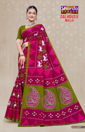 Dalhousie Malai Designer Rani Pink & Olive Green Saree with Traditional Ikat Inspired Motifs and Paisley Pallu