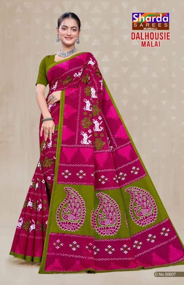 Dalhousie Malai Designer Rani Pink & Olive Green Saree with Traditional Ikat Inspired Motifs and Paisley Pallu
