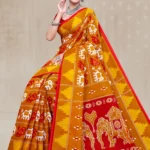 Dalhousie Malai Designer Mustard Yellow & Red Saree with Traditional Ikat Inspired Motifs and Elephant Artwork Pallu