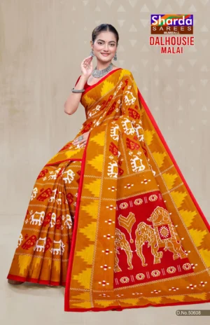 Dalhousie Malai Designer Mustard Yellow & Red Saree with Traditional Ikat Inspired Motifs and Elephant Artwork Pallu