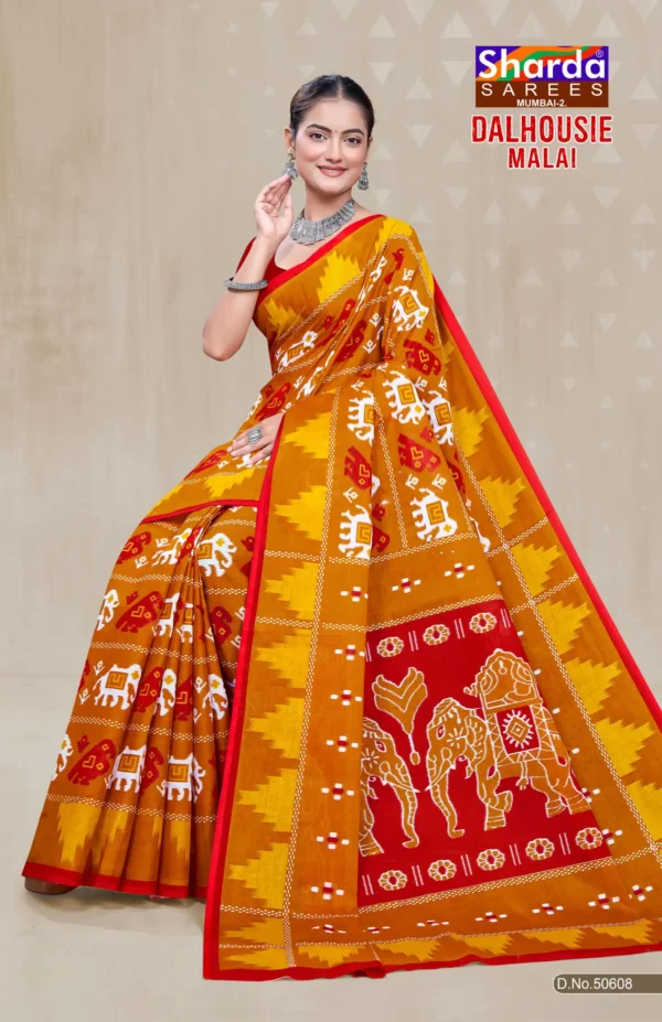 Dalhousie Malai Designer Mustard Yellow & Red Saree with Traditional Ikat Inspired Motifs and Elephant Artwork Pallu