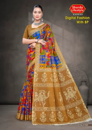 Digital Fashion BP Designer Royal Blue & Beige Saree with Traditional Beige Pallu and Ethnic Digital Print Design