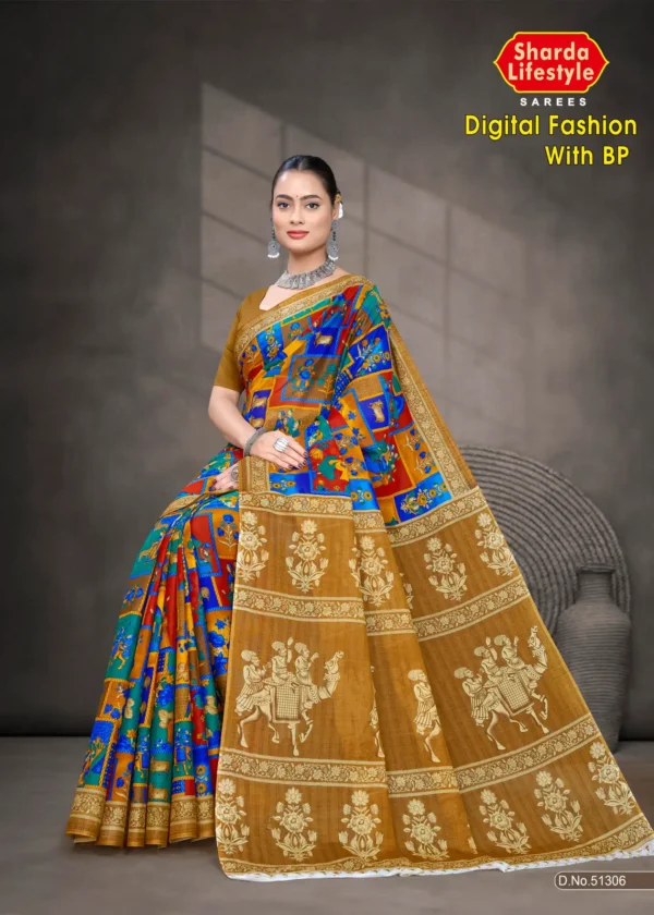 Digital Fashion BP Designer Mustard Yellow Royal Blue and Beige Saree with Traditional Beige Pallu and Ethnic Digital Print Design