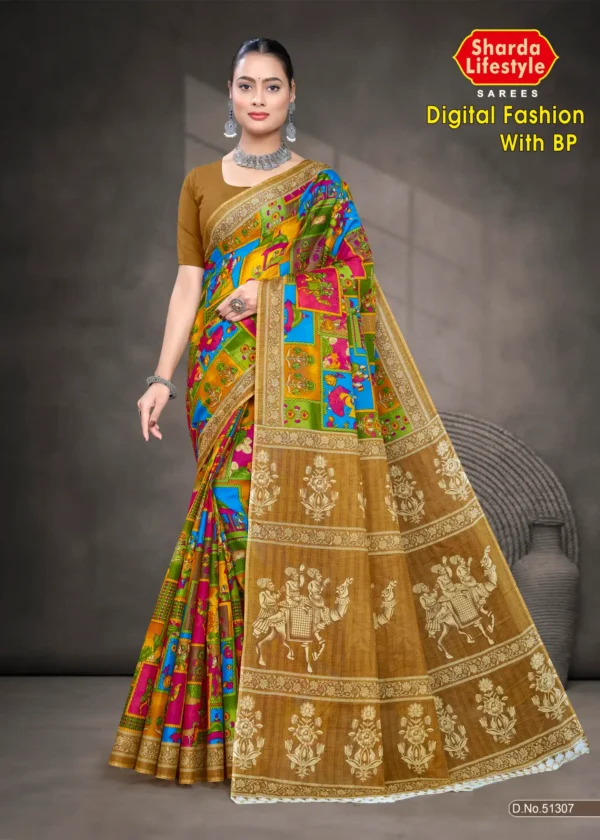 Digital Fashion BP Designer Multicolor Patchwork Art and Beige Pallu Saree with Heritage Inspired Traditional Motifs