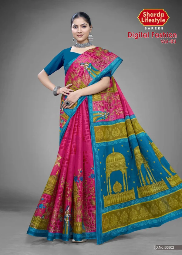 Digital Fashion Vol 03 Pink Lagoon Saree by Sharda Sarees featuring artistic digital print and festive detailing