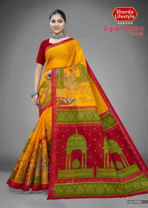 Digital Fashion Vol 03 Marigold Crimson Saree by Sharda Sarees featuring artistic digital print and festive detailing