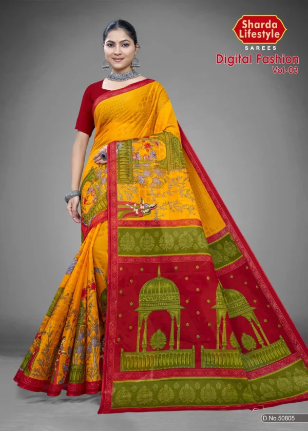 Digital Fashion Vol 03 Marigold Crimson Saree by Sharda Sarees featuring artistic digital print and festive detailing