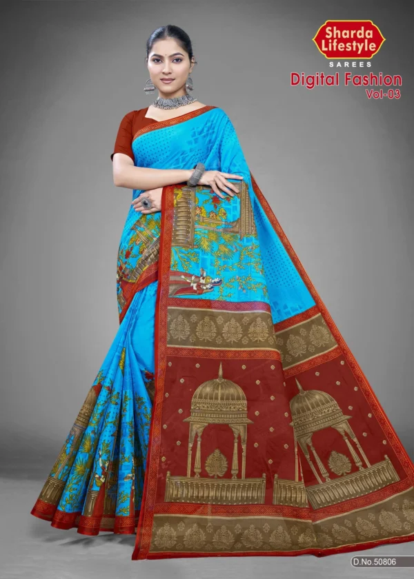 Digital Fashion Vol 03 Sky Blue Brick Red Saree by Sharda Sarees featuring artistic digital print and festive detailing