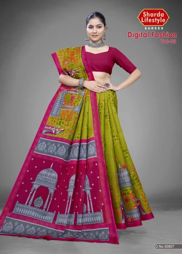 Digital Fashion Vol 03 Olive Green Pink Saree by Sharda Sarees featuring artistic digital print and festive detailing