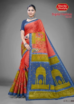 Digital Fashion Vol 03 Coral Blue Heritage Saree by Sharda Sarees featuring artistic digital print and elegant traditional styling