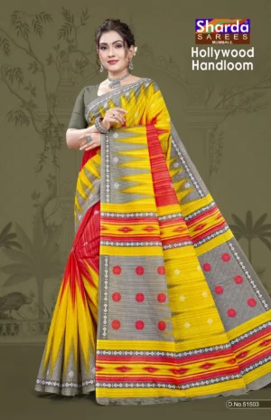 Hollywood Handloom Yellow Red Designer Saree by Sharda Sarees with traditional woven styling