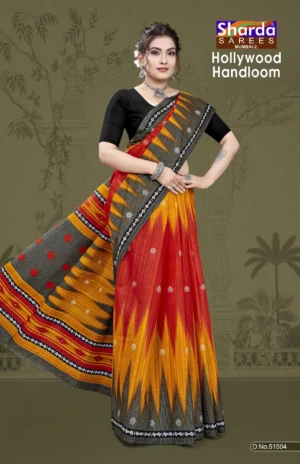 Hollywood Handloom Red Yellow Designer Saree by Sharda Sarees with traditional woven styling