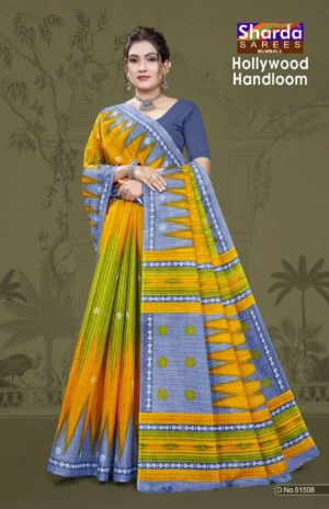 Hollywood Handloom Yellow Blue Designer Saree by Sharda Sarees with traditional woven styling