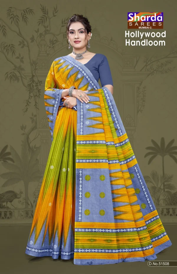 Hollywood Handloom Yellow Blue Designer Saree by Sharda Sarees with traditional woven styling