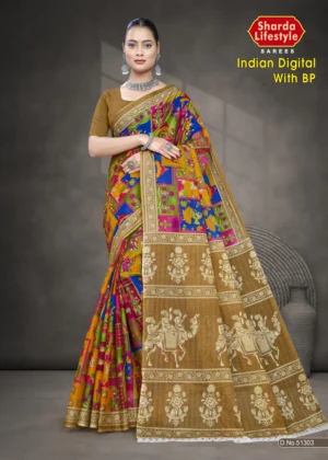 Indian Digital Multicolor Designer Saree With BP by Sharda Sarees featuring artistic ethnic styling