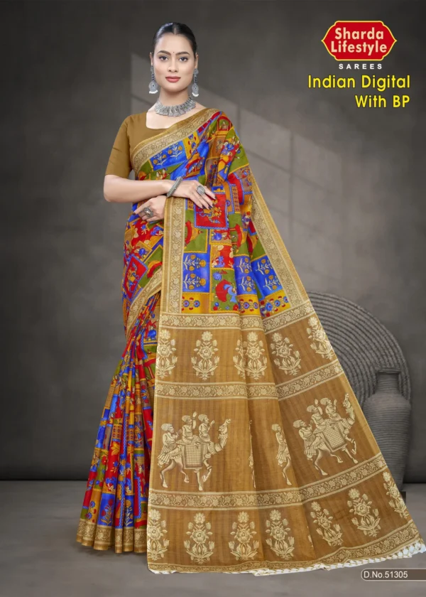Indian Digital BP Blue Red Designer Saree by Sharda Sarees featuring artistic ethnic styling