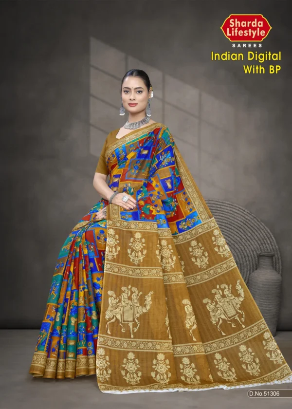 Indian Digital BP Royal Blue Designer Saree by Sharda Sarees with artistic festive styling
