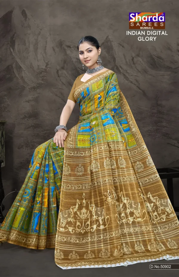 Indian Digital Glory Blue Green Traditional Saree by Sharda Sarees featuring artistic digital print and decorative heritage border