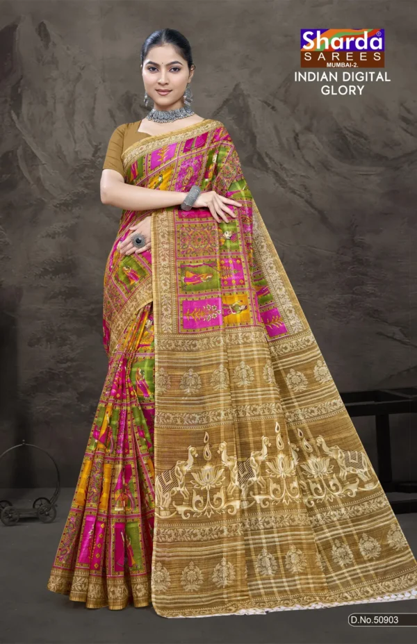 Indian Digital Glory Pink Traditional Saree by Sharda Sarees featuring artistic digital print and decorative heritage border