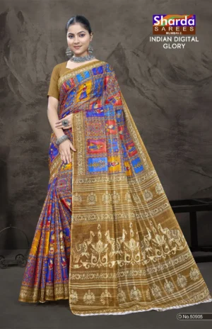 Indian Digital Glory Royal Portrait Saree by Sharda Sarees featuring artistic digital print and decorative heritage border