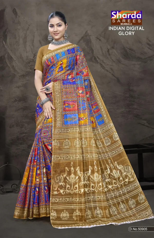 Indian Digital Glory Royal Portrait Saree by Sharda Sarees featuring artistic digital print and decorative heritage border