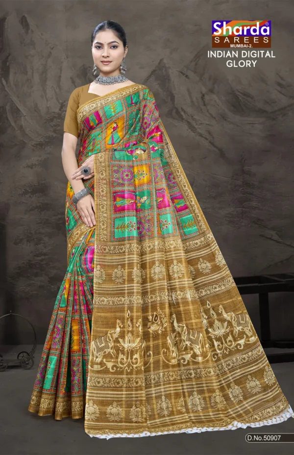 Indian Digital Glory Mint Gold Saree by Sharda Sarees featuring artistic digital print and elegant traditional styling