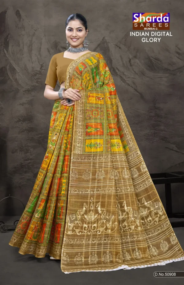 Indian Digital Glory Golden Meadow Saree by Sharda Sarees featuring artistic digital print and elegant traditional styling