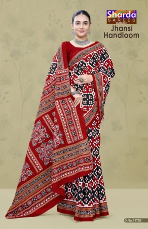 Jhansi Handloom Red White Designer Saree by Sharda Sarees with traditional woven styling