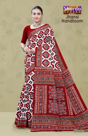 Jhansi Handloom Red White Designer Saree by Sharda Sarees with traditional woven styling