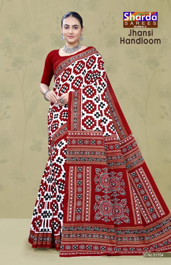 Jhansi Handloom Red White Designer Saree by Sharda Sarees with traditional woven styling