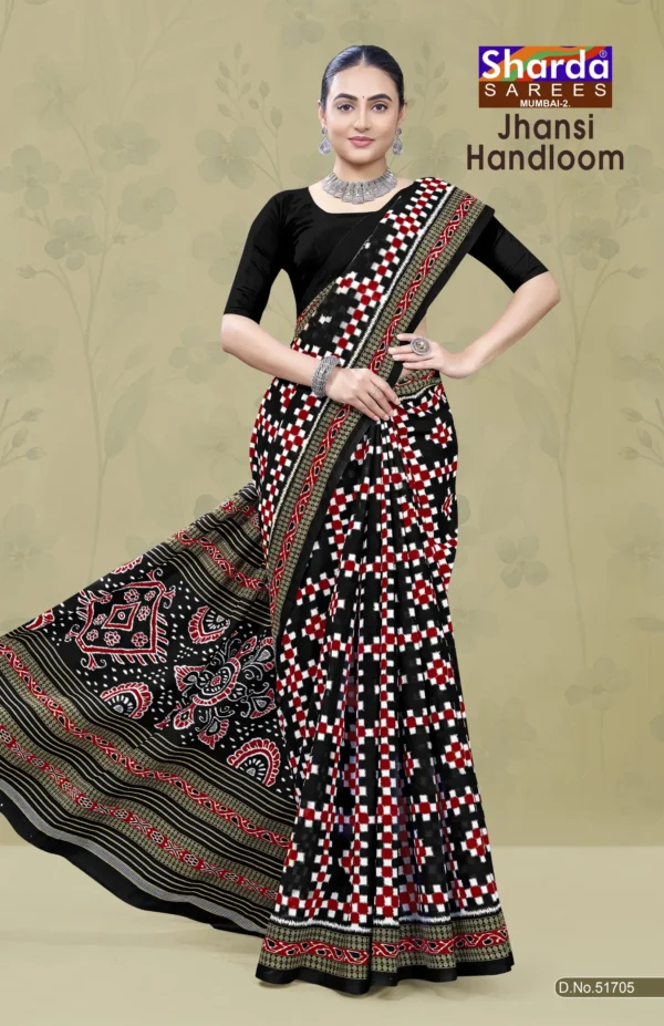 Jhansi Handloom Black Red Designer Saree by Sharda Sarees with traditional woven styling