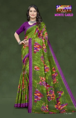 Monte Carlo Olive Green Designer Saree by Sharda Sarees with floral detailing and elegant traditional styling