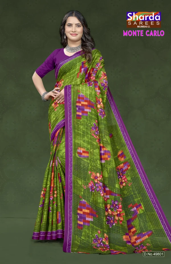Monte Carlo Olive Green Designer Saree by Sharda Sarees with floral detailing and elegant traditional styling
