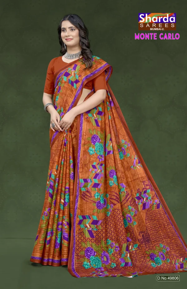 Monte Carlo Rust Orange Designer Saree by Sharda Sarees with floral and geometric detailing