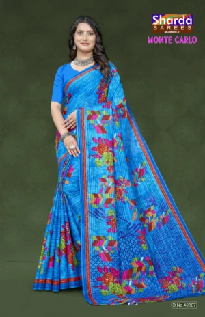 Monte Carlo Royal Blue Designer Saree by Sharda Sarees with floral and geometric detailing