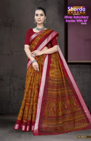 Silver Baluchery Border With BP Mustard Red Saree by Sharda Sarees with traditional artistic styling