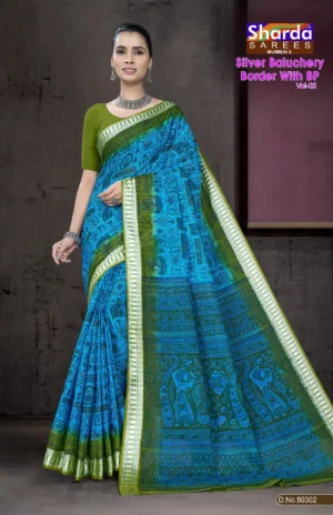 Silver Baluchery BP Blue Green Saree by Sharda Sarees featuring artistic traditional woven detailing