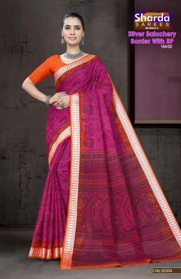Silver Baluchery BP Pink Orange Saree by Sharda Sarees featuring artistic traditional woven detailing
