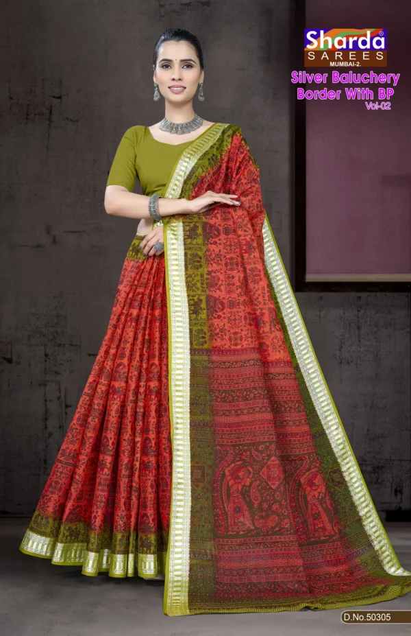 Silver Baluchery BP Coral Olive Saree by Sharda Sarees featuring artistic traditional woven detailing